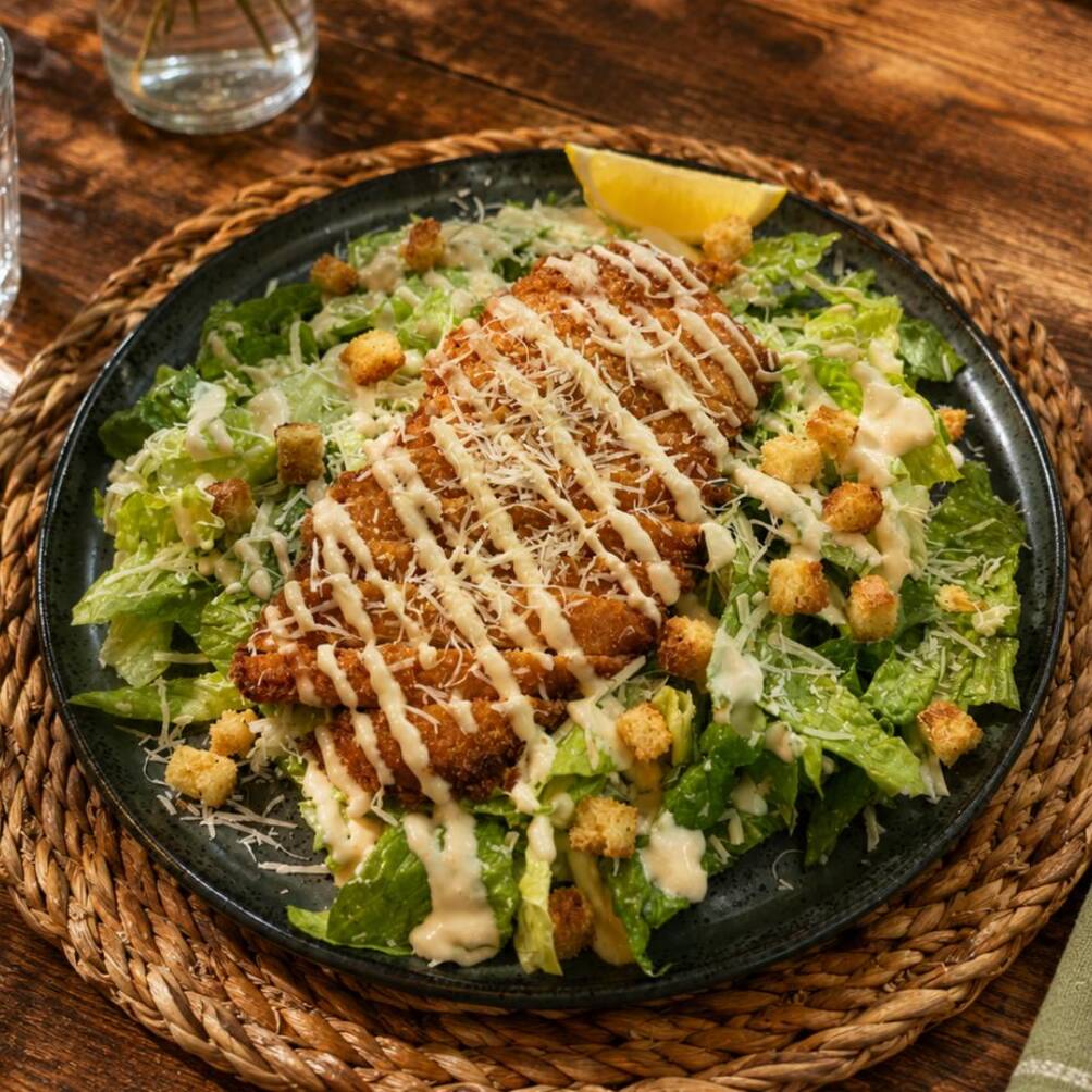 Mix de folhas, frango empanado crocante, croutons, parmesão e molho Caesar da casa.