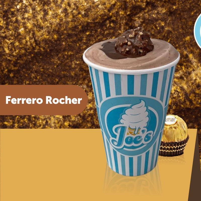 Milkshake feito com sorvete de baunilha, batido com recheio gianduia feito com chocolate e avelãs, finalizado com bombom ferrero rocher no topo.