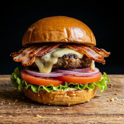 Pão de brioche, Hambúrguer 150g , mussarela , bacon, alface , tomate , cebola roxa e maionese