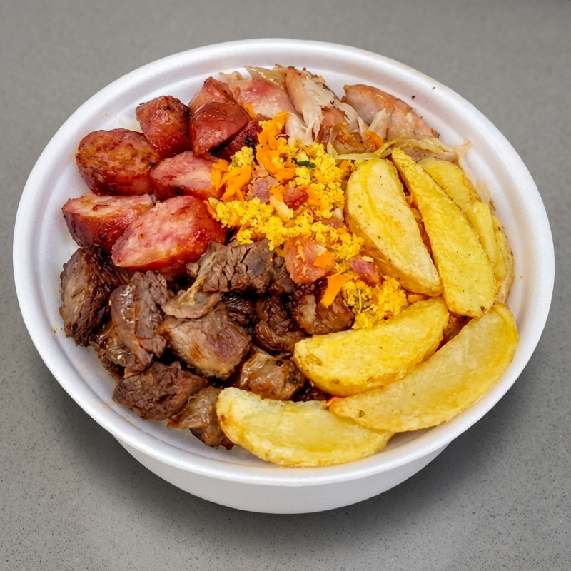 Carne variada e no ponto, com arroz, feijão e farofa. Uma opção completa pra quem ama um churrasco de respeito! Aproximadamente 350gr