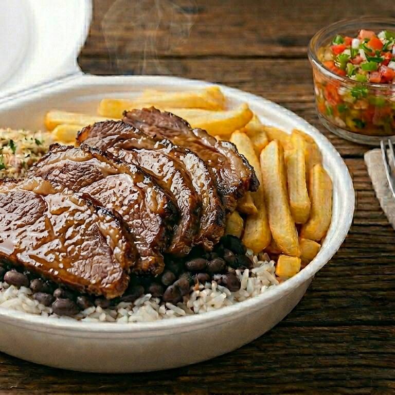 NOSSA MARMITA DE CHURRASCO DE CUPIM NA BRASA (180G DE CUPIM + ARROZ + FRITAS + FAROFA E FEIJÃO)