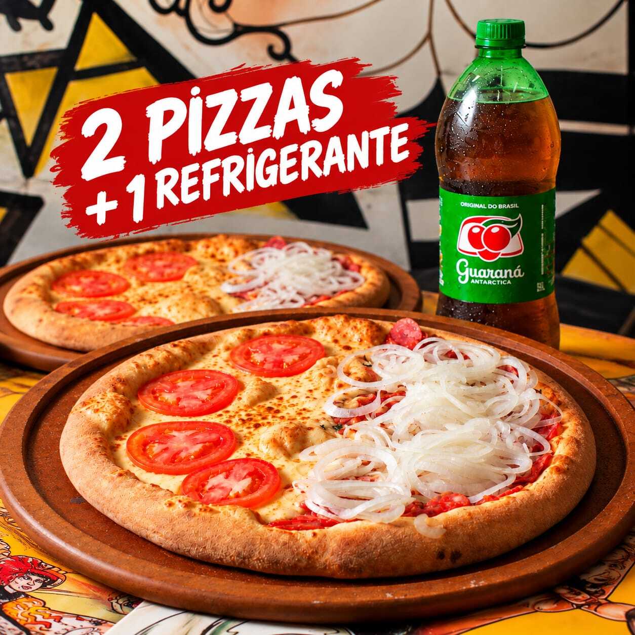 Monte o Combo Família: escolha 2 pizzas meio a meio do seu jeito e aproveite um refrigerante bem gelado por nossa conta. É sabor em dobro para compartilhar com quem você ama!