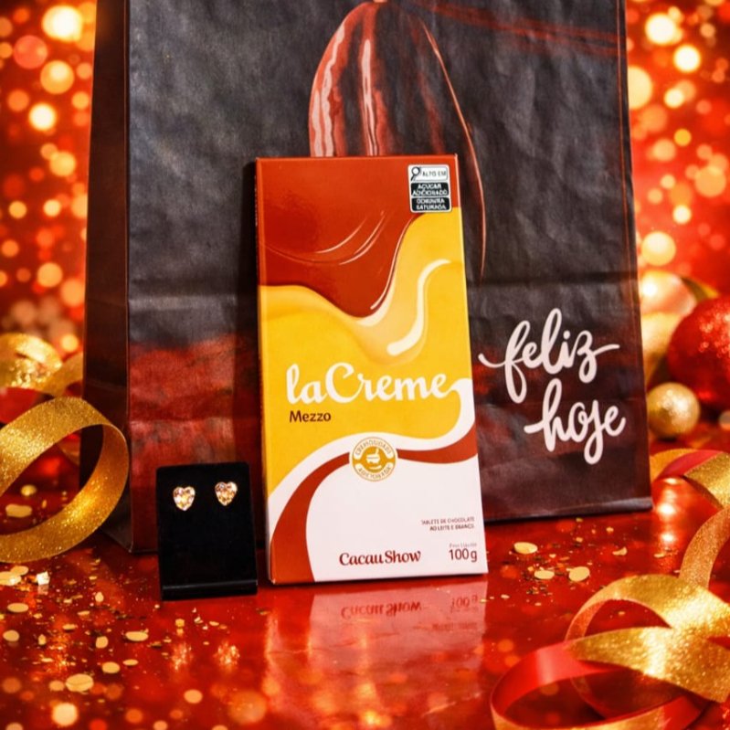 Par de Brincos Coração folheado a ouro, tablete de chocolate la creme mezzo 100g