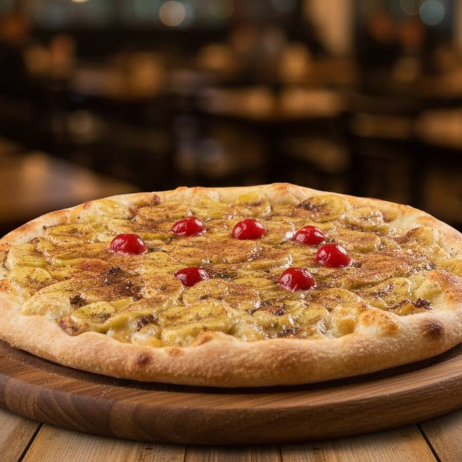 Banana, açucar, Canela em pó e cereja