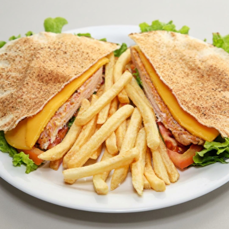 Porção de Calabresa, Queijo mussarela, presunto, tomate, alface, milho, molho da casa, 150g de batata frita.