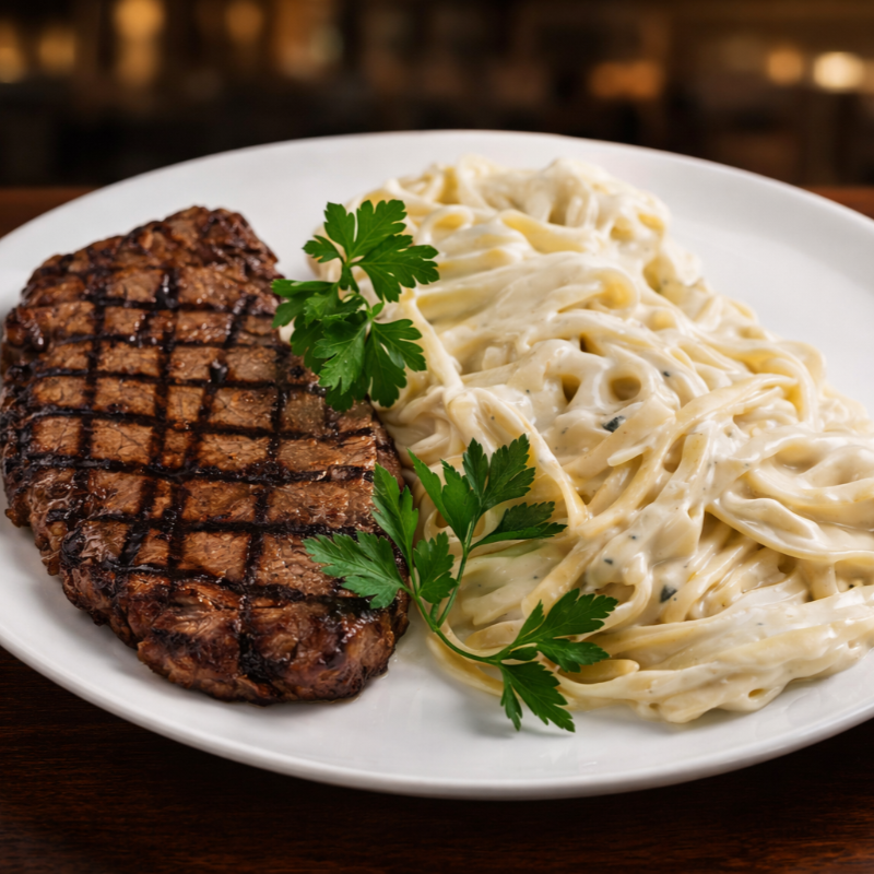 Filé de chorizo suculento acompanhado de fettuccine ao molho de quatro queijos, cremoso e marcante. Uma entrada sofisticada para quem ama a combinação de massa e carne.