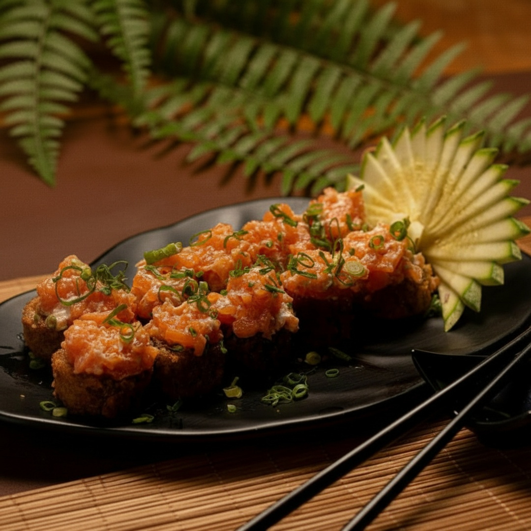 Sushi empanado com cobertura de salmão fresco, cream cheese, cebolinha e finalizado com molho tare.