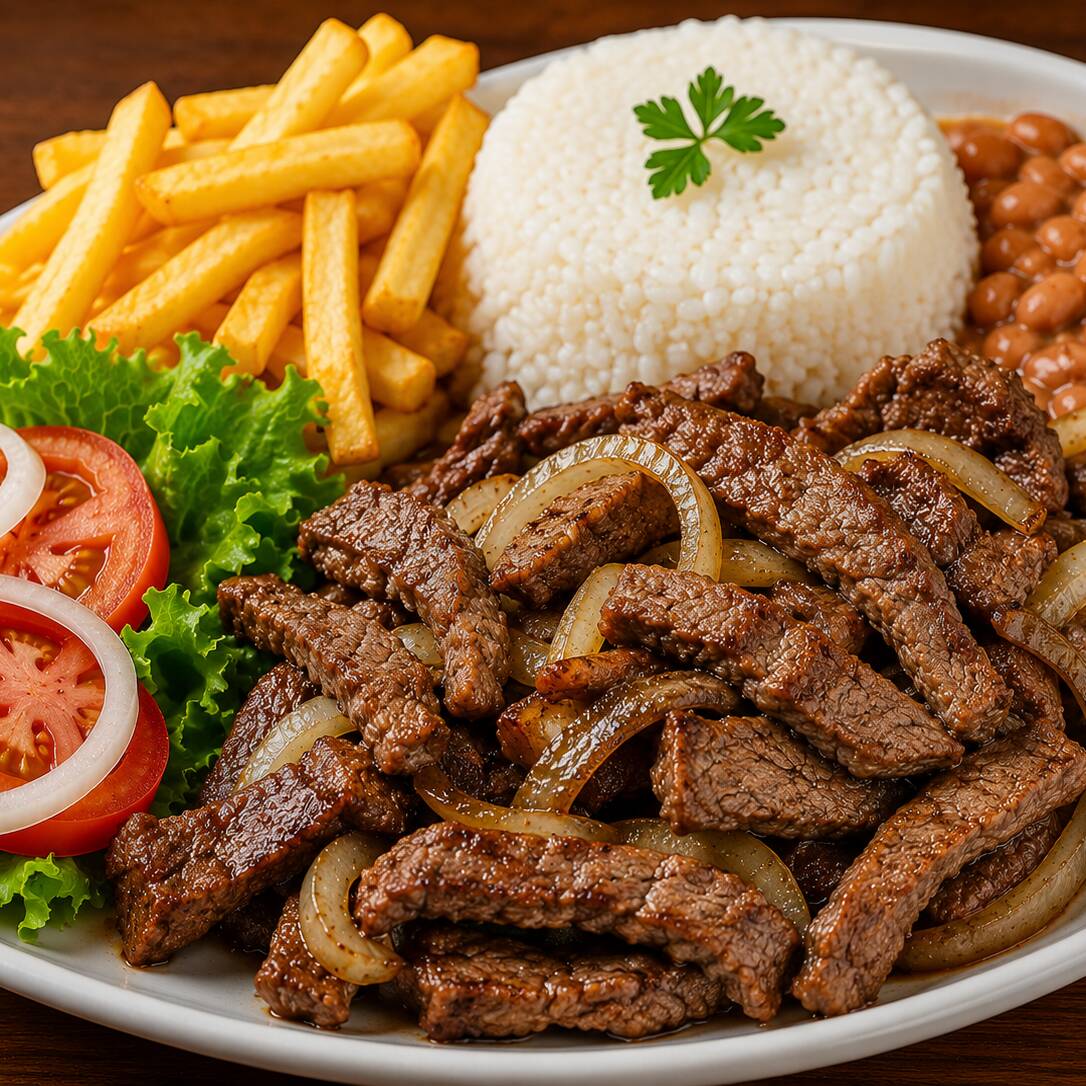Deliciosas tiras de alcatra grelhadas e salteadas com cebola, preparadas na hora para garantir muito sabor e suculência. Acompanha arroz, feijão, batata frita e salada fresca.
🥩 Sabor caseiro, ingredientes selecionados para uma refeição completa e irresistível! 🍟
