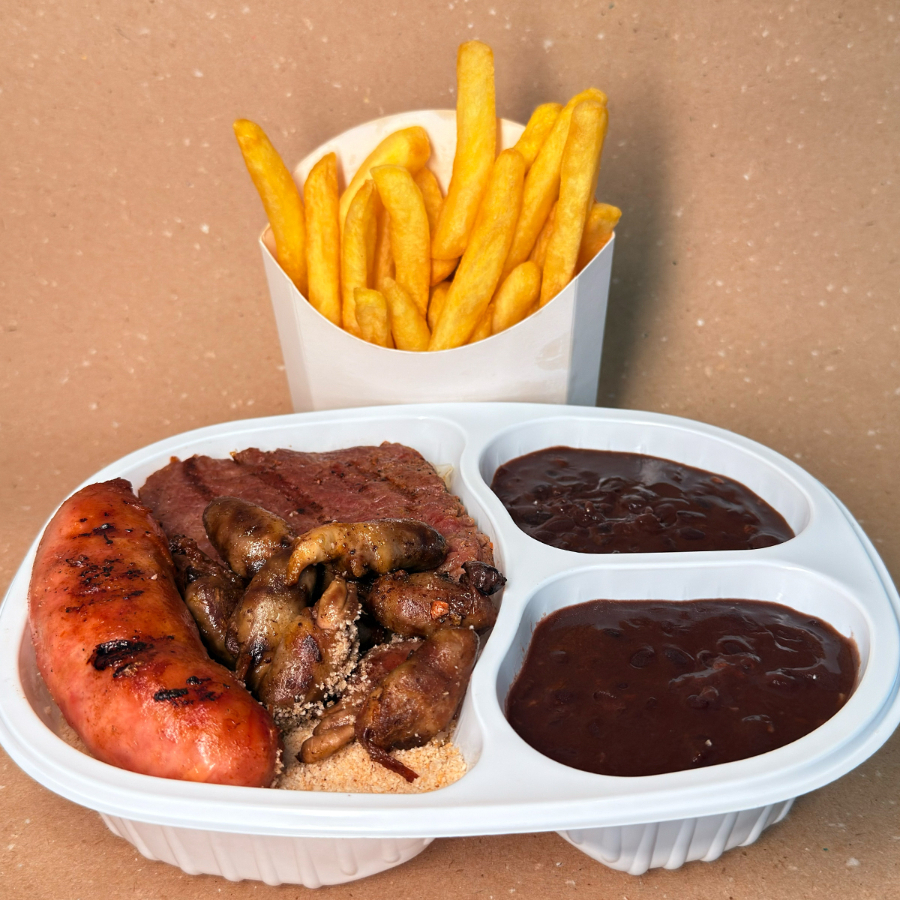 Arroz, Feijão, Farofa, Batata frita, 1 bife de alcatra, Coração, 1 Linguiça