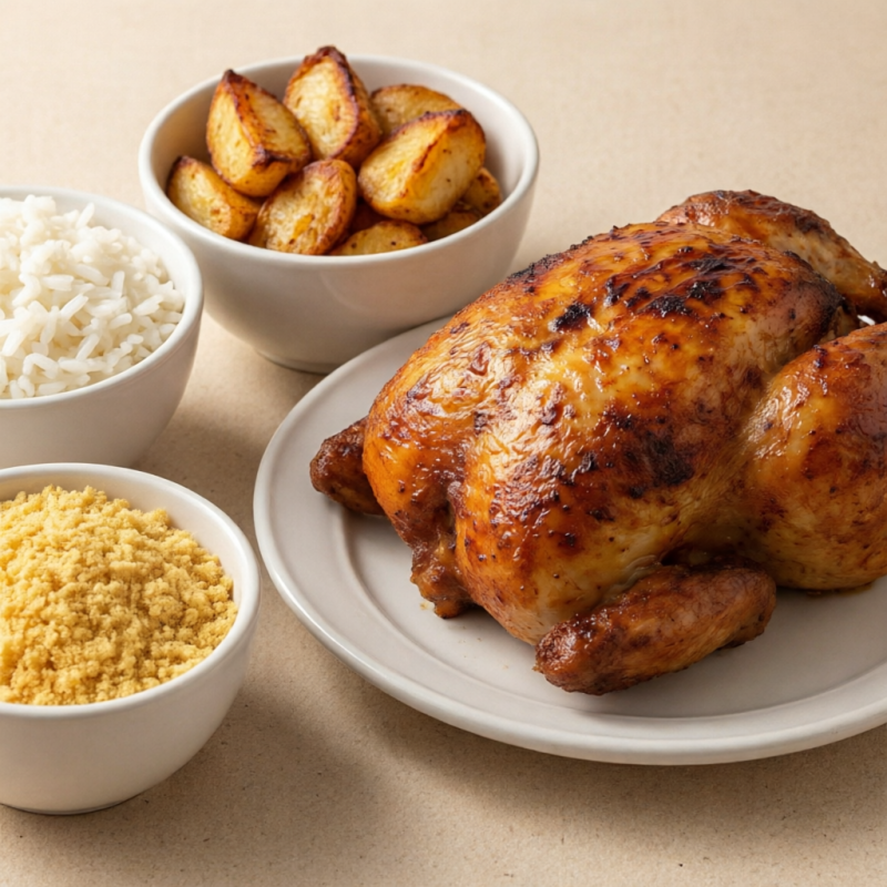 Este prato apresenta um meio frango assado suculento e dourado à perfeição, servido com arroz soltinho e aromático, que equilibra perfeitamente o sabor intenso do frango. Acompanha ainda uma farofa especial da casa, crocante e saborosa, que adiciona um diferencial apaixonante à refeição. Para completar, batatas assadas douradas e macias por dentro, que proporcionam uma textura incrível. Este é um dos Assados da Casa que promete uma experiência gastronômica inesquecível.