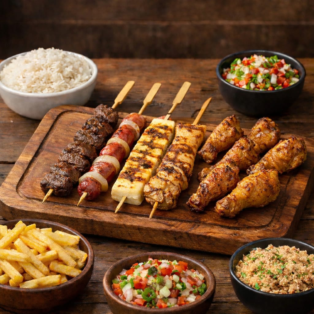 O Super Completo #02 da madame é composto por 3 espetos à escolha do cliente, 4 drumets , 1 queijo coalho e acompanha arroz, batata frita, farofa e vinagrete. Capricho, sabor e qualidade em um só combo! 😋🔥