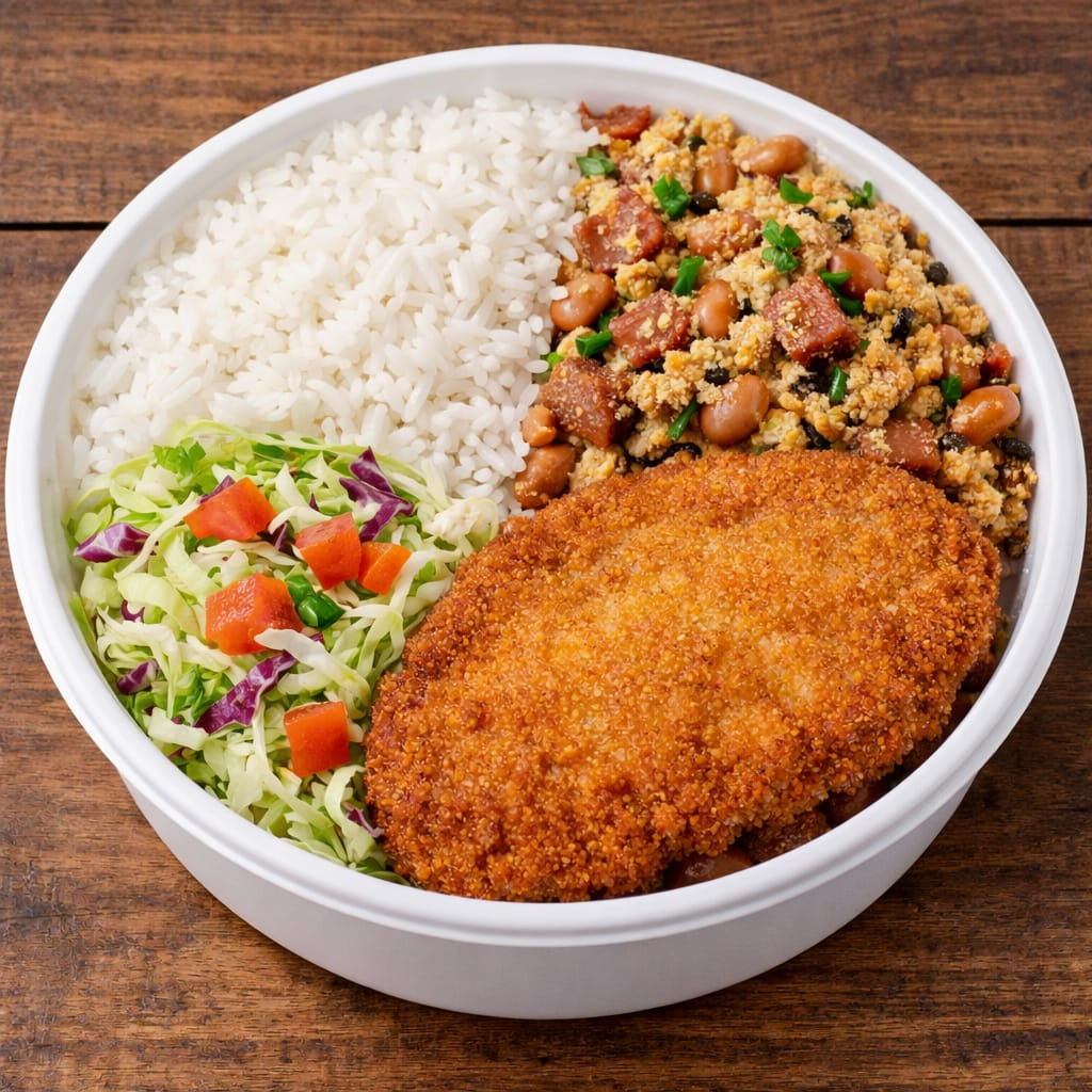 Deliciosa marmita composta por arroz branco soltinho, feijão tropeiro bem temperado, salada fresca de repolho com tomate e um Bife Bovino à milanesa crocante e dourado, preparado na hora para garantir muito sabor e qualidade.