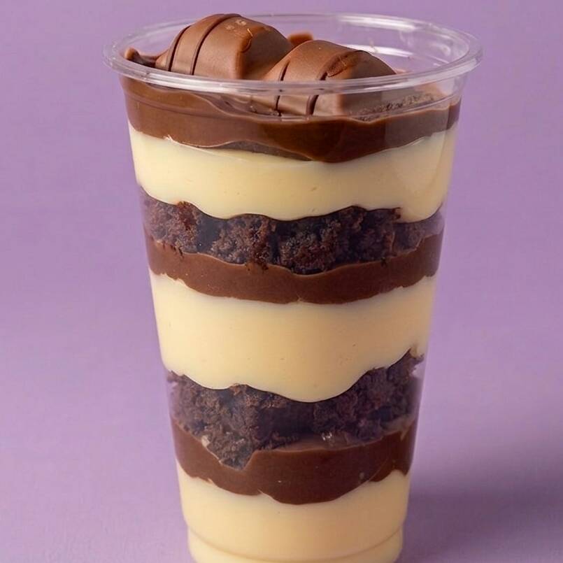 Brigadeiro Branco, Nutella, Pedaços de Brownie Amiga Uva e Kinder Bueno. Serve 1 pessoa (aprox. 300ml)