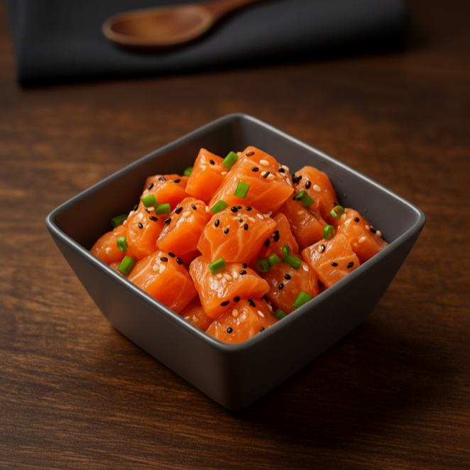 Deliciosos cubos de salmão com gergelim torrado e cebolinha 120g.