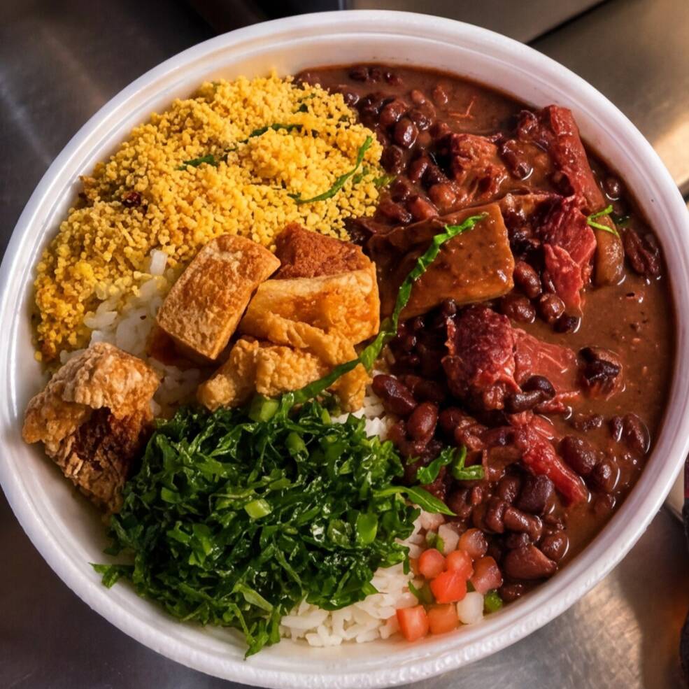 Arroz, feijoada caprichada (calabresa, bacon e costelinha), farofa de cebola, couve refogada no alho e laranja!