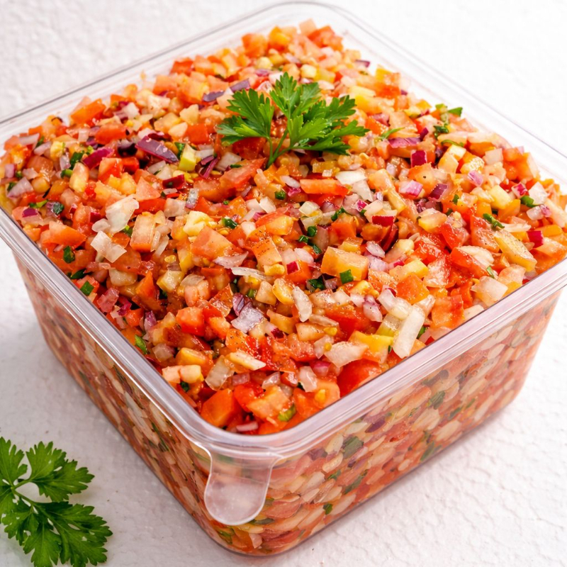 Vinagrete fresco e bem temperado, preparado com tomate, cebola, pimentão e cheiro-verde, levemente temperado para realçar o sabor sem pesar. 👉 Acompanhamento leve e refrescante, perfeito para carnes, marmitas e refeições do dia a dia 👉 Feito na hora, com ingredientes frescos e muito sabor Ideal para completar seu almoço com aquele toque especial!