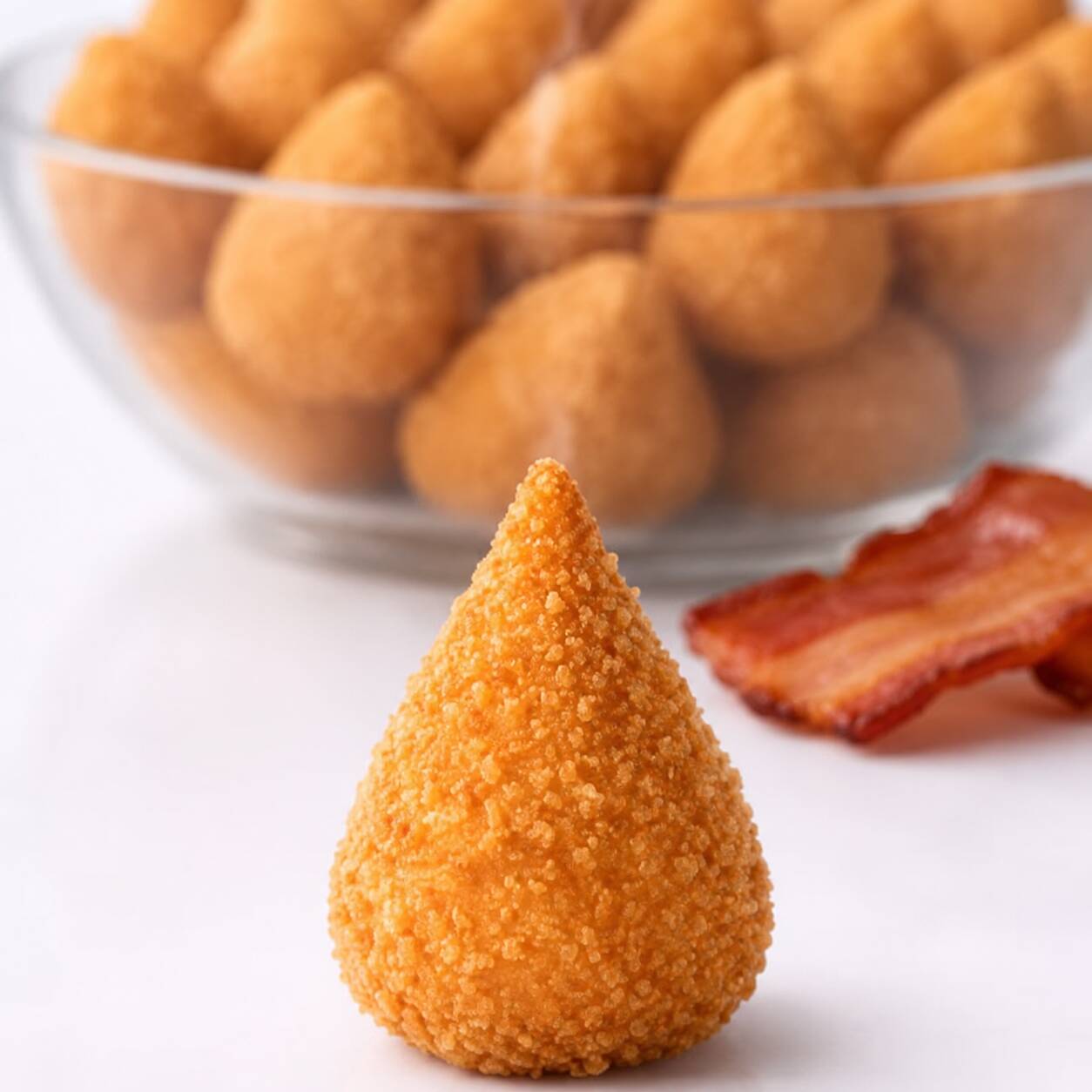 1 unidade de mini coxinha, recheada com frango bem temperado e um toque suave de bacon, douradinha e crocante. O equilíbrio perfeito entre a cremosidade do frango desfiado e a sutileza do bacon defumado.