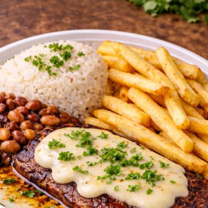 Bife à moda da casa conta com a suculência da carne bovina, com uma fatia de queijo mussarela derretida e cebola frita caramelizada. Na sua marmitex vai arroz branco soltinho, feijão carioca, farofa da casa e + uma guarnição à sua escolha.