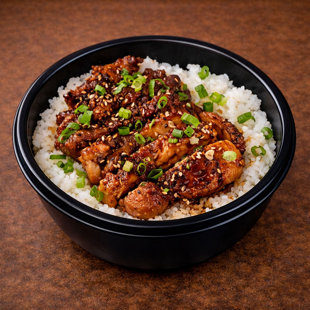 Donburi chicken teriyaki é o filé de coxa e sobrecoxa grelhada e depois marinada em molho teriyaki. O prato é montado com arroz japonês (gohan) na parte inferior, yakinori (alga) em tirinhas e o filé com molho teriyaki na parte superior. Finaliza com cebolinha verde. Muito saboroso.