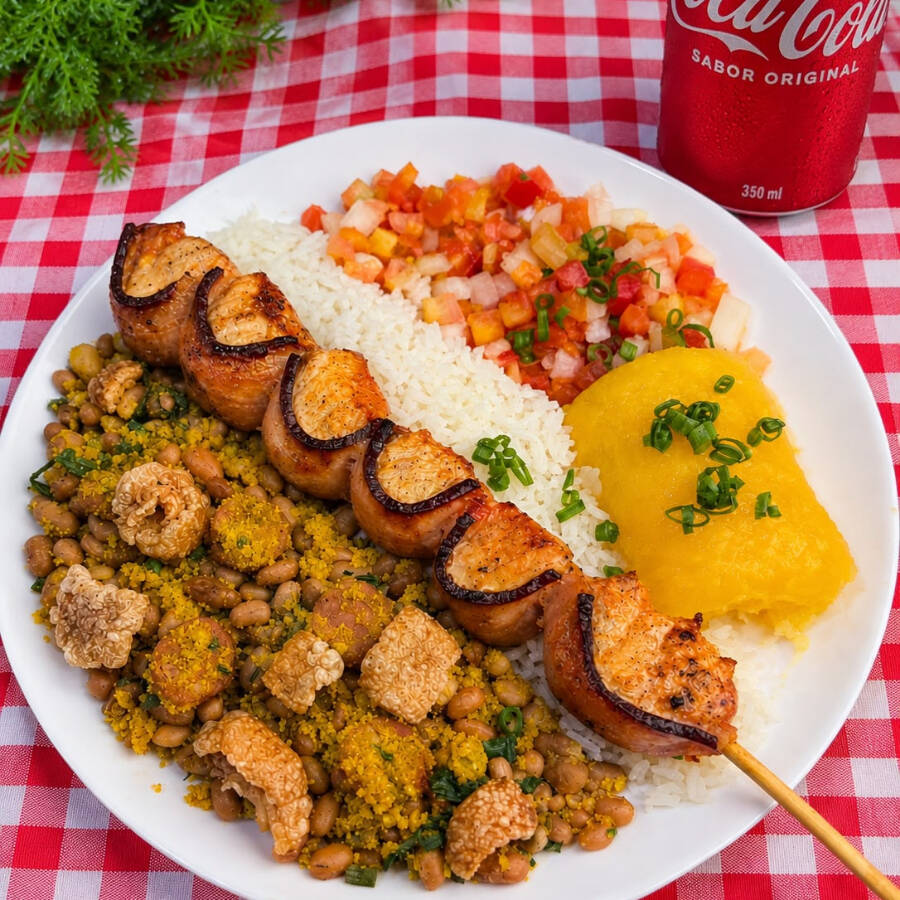 1 jantinha sem espeto + 1 espetinho frango com bacon + 1 guaraná antártica lata