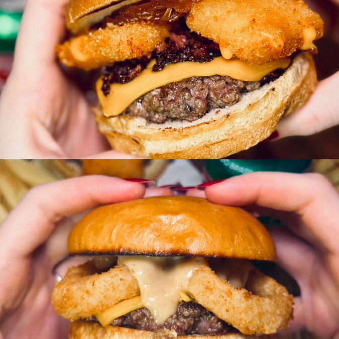 1 Queijudão (Pão, 2 carnes de 60 g, queijo empanado e maionese caseira) + Cebolaço (Pão, 2 carnes 60 g, queijo, cebola empanada e maionese caseira)