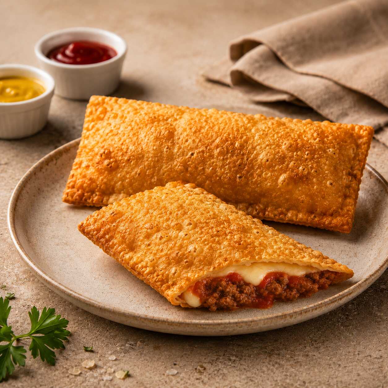 Pastel de Carne Parmegiana 21cm: Carne moída, queijo e molho de tomate, preparado na hora, a opção perfeita para sua fome de Pastel.