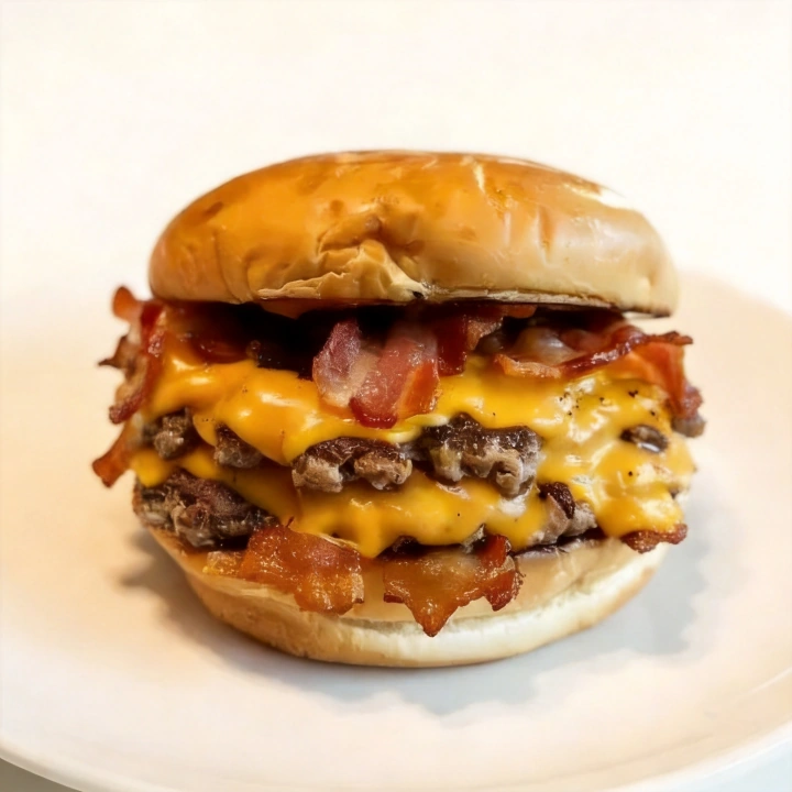 pão brioche, 2 carne de hamburguer artesanal , 2 camadas de cheddar, 2 camadas de bacon picadinho,tomate, alface, molho da casa