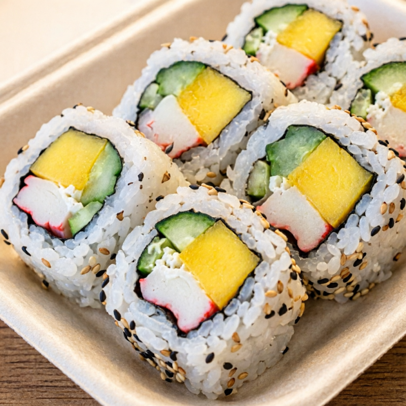 Arroz, manga, pepino, kani e gergelim.
