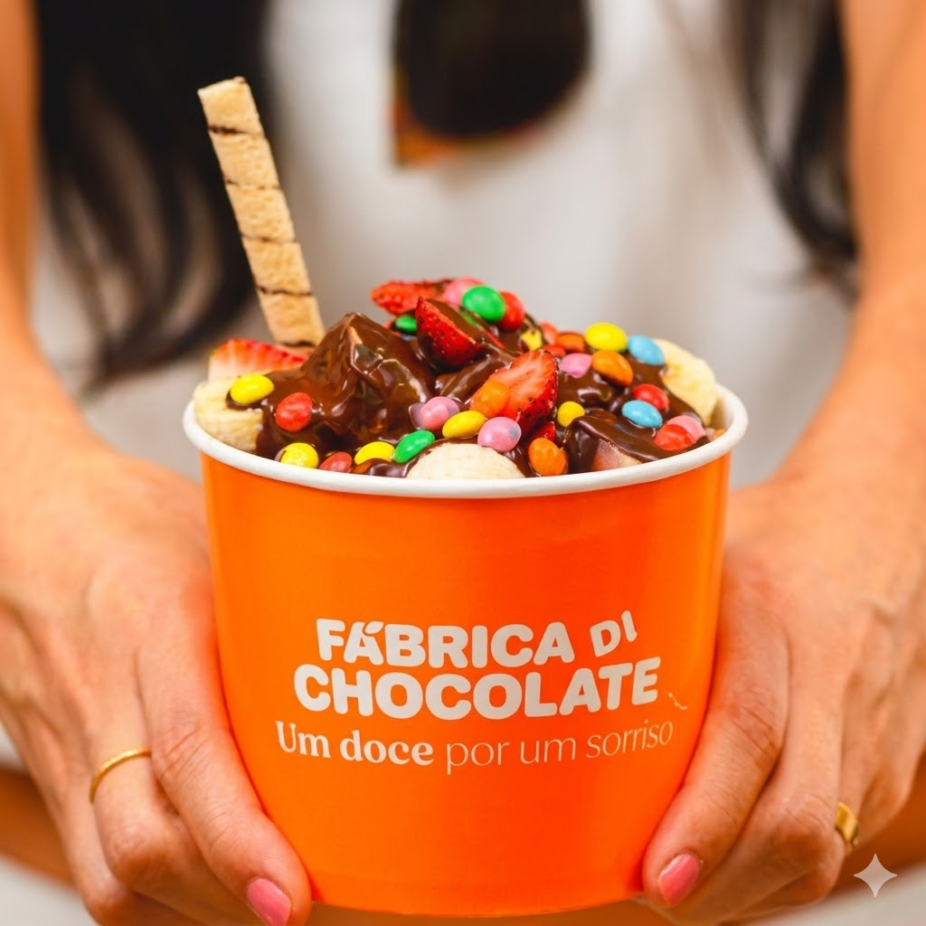 Frutas, chocolate e confeitos coloridos.