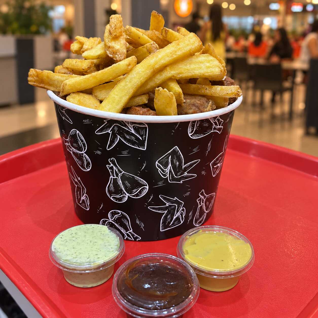 Frango bem temperado, douradinho e acompanhado de batatas fritas. Escolha o tamanho ideal para dividir com quem você gosta.