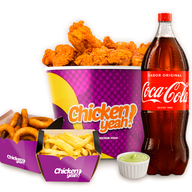 Acompanha 8 a 10 tiras de filé de peito, 8 a 10 coxinhas da asa, 2 porções à sua escolha (aprox. 300g a 400g), um refrigerante de 2l e, para completar, dois molhos especiais de 70g do sabor que preferir.