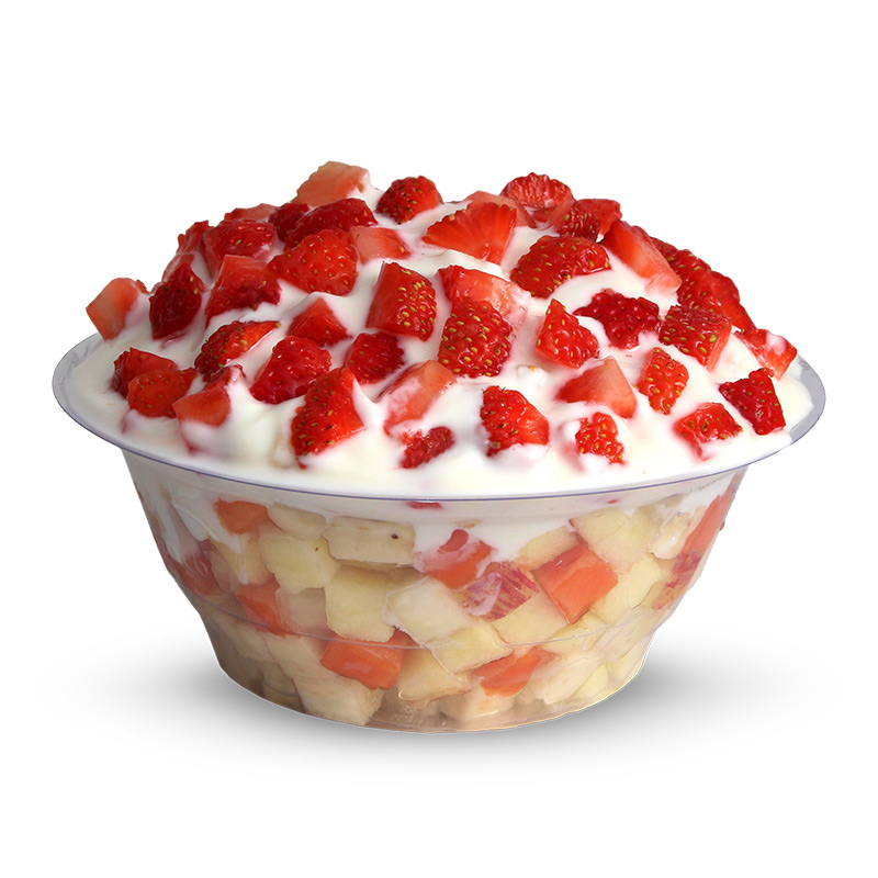 Melão, banana, maçã, mamão, morango e iogurte grego