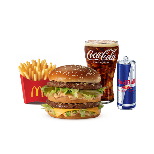 Experimente essa combinação que está irresistível. McOferta Média do Clássico Big Mac composta por: Sanduíche Big Mac, acompanhamento e bebida + Red Bull 250ml – a clássica combinação de sabor único e energia para te acompanhar em qualquer momento do dia.