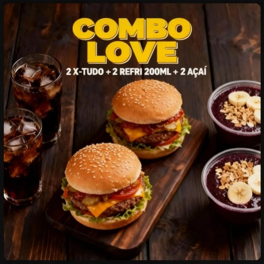 2 X-Tudo + refri 200ml + 2 Açai copo 300ML ( calda Morango / leite em pó / amendoim / granola ) obs.: caso não queira algum coplemento favor colocar obesrvação . )