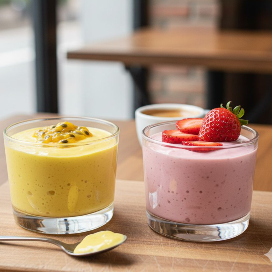 1 mousse de maracujá e 1 mousse de morango