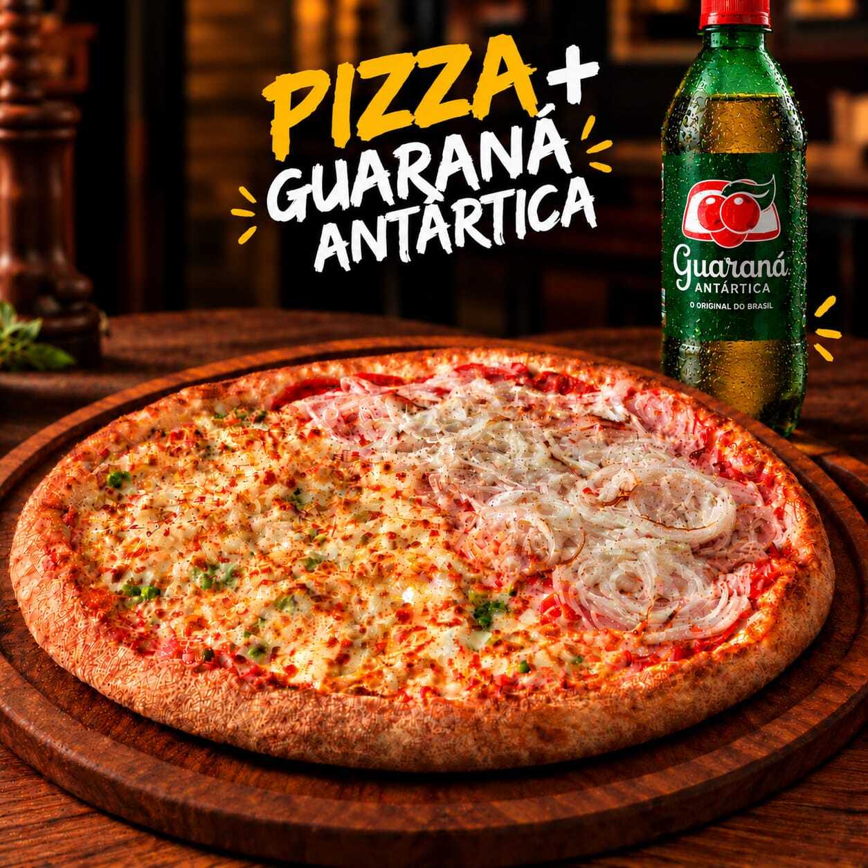 Refrigerante: conforme disponibilidade.
imagem meramente ilustrativa.
A pizza contém cebola.