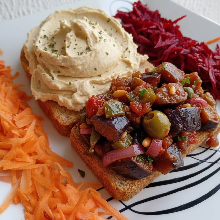 Leve, refrescante, nutritivo e 100% plant-based! A receita tradicional árabe do creme de grão de bico artesanal feito com tahine caseiro, com toque de azeite extra-virgem, envolvido em caponata de berinjela artesanal, feita em forno lento, com a suavidade do agridoce. Acompanha 2 fatias de pão integral 65% vegano. Envie no campo observações a escolha de até 3 complementos gratuitos no seu lanche: Cenoura fresca ralada, Alface fresca, Beterraba ralada, Tomate cereja, Pepino em conserva agridoce.