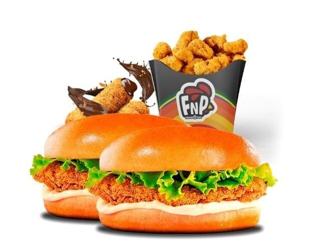 Delicie-se com dois magníficos sanduíches Fnp Jr. Acompanhados por uma porção de Croquinho (M) 120g e uma sobremesa.