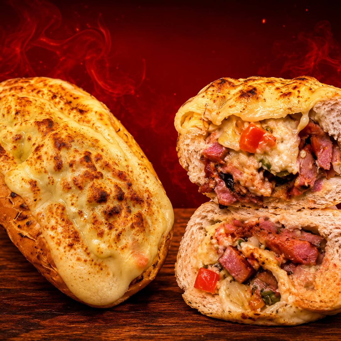 Baguete de 15 a 20cm coberta com queijo parmesâo, 140g de linguiça toscana, Queijo derretido, Pasta de alho.