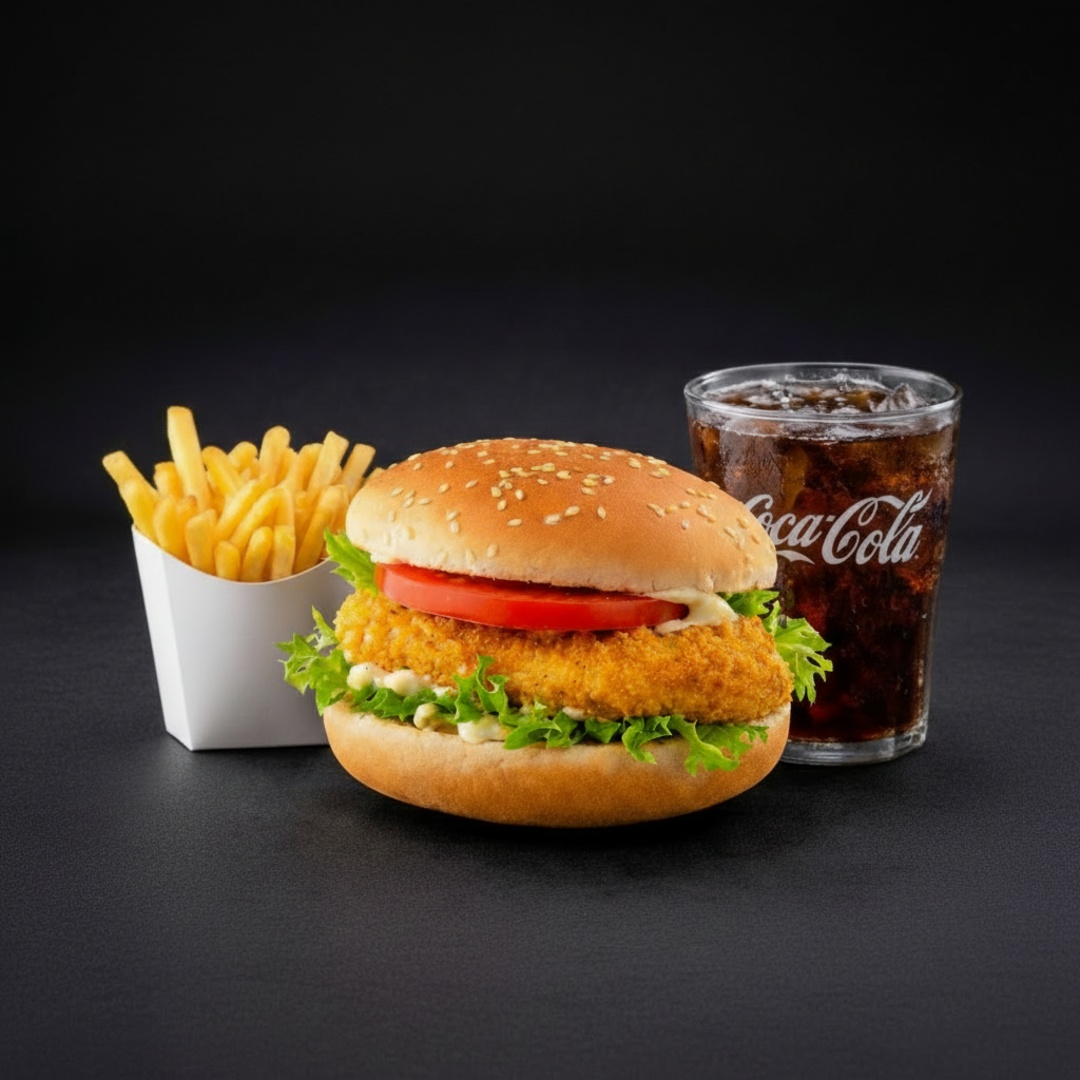 **Imagem ilustrativa. Montagem pode variar conforme preparo.**Delicie-se com um filé de frango empanado, maionese, alface, tomate, molho especial e pão de gergelim, uma opção leve e saborosa para qualquer momento.