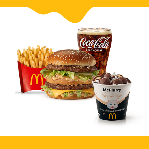 Nesta composição você leva uma McOferta Média Clássica, entre as opções: Big Mac, Cheddar McMelt, Quarterão com Queijo ou McChicken + 1 McFlurry Trufa Língua de Gato Duo.