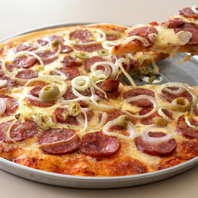 Pizzas 8 pedaços, sabor único, recheada com delicioso molho especial da casa, calabresa, mussarela, cebola e uma pitada de orégano