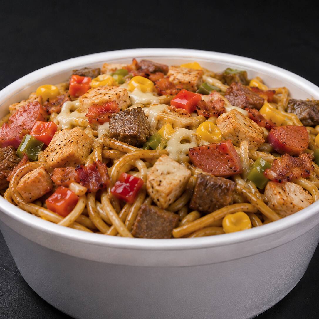 Delicioso macarrão na chapa bem completo preparado na hora com filé bovino, frango em cubos, calabresa e bacon, pimentões coloridos, milho, molho especial a base de shoyu finalizado com mussarela.