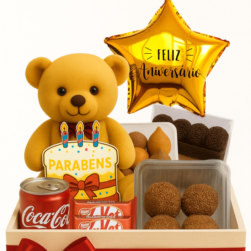 1 Fatia de Bolo (sabor variado) 1 Coca Cola lata 2 Kit Kat 4 Brigadeiros 6 Salgados 1 Urso Médio Parabéns 1 Balão Estrela Feliz Aniversário 1 Cesta Cachepô com laço
