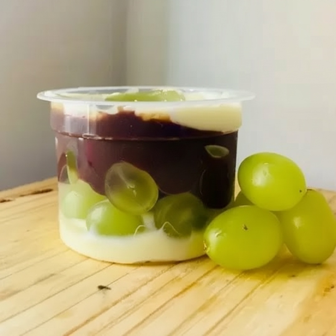Nosso potinho com camada de creme de Ninho , uvas sem semente e uma camada de creme de chocolate. ( tamanho 140 ml ) (150g)
