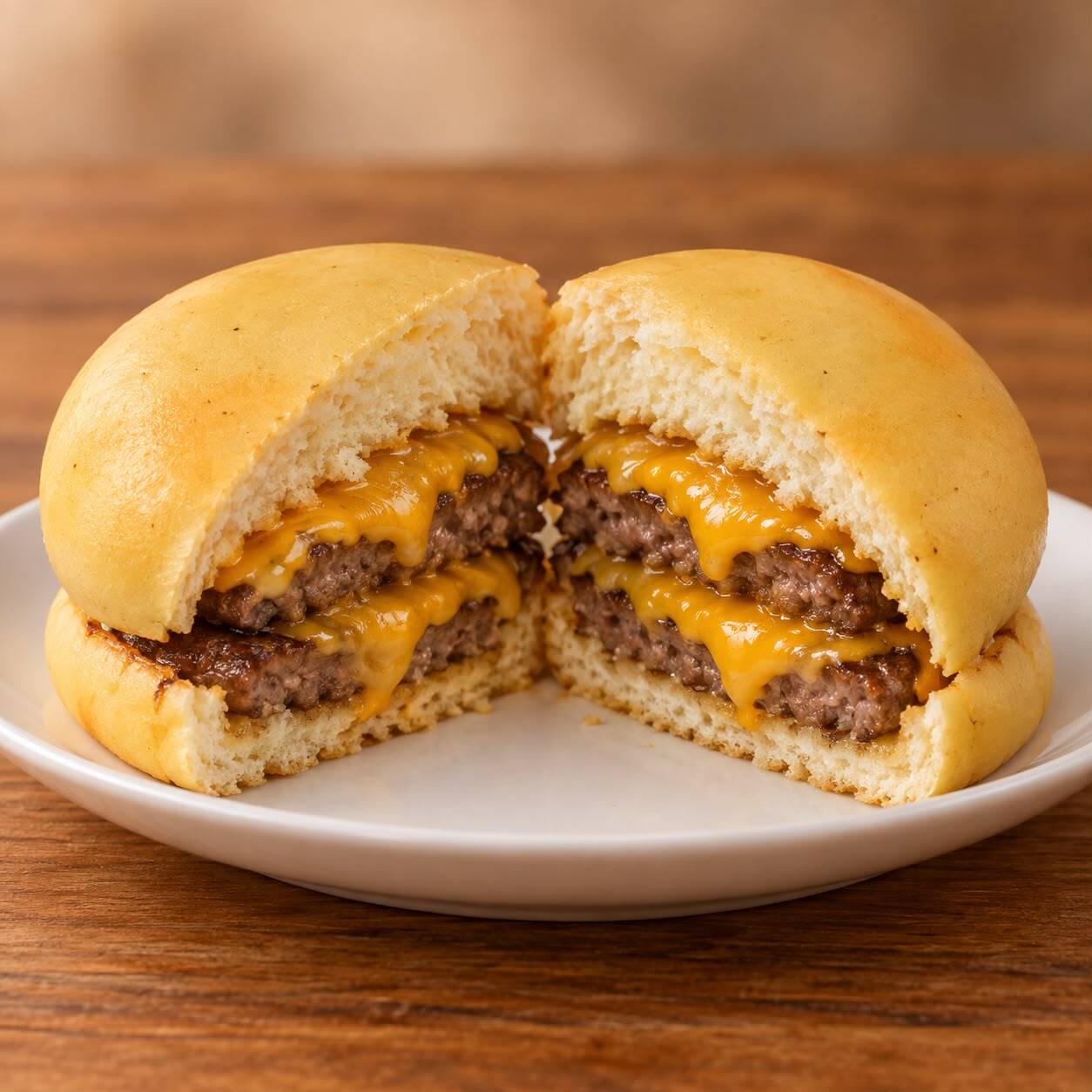 Pão macio recheado com hambúrguer e cheddar cremoso. Bem servido e saboroso.