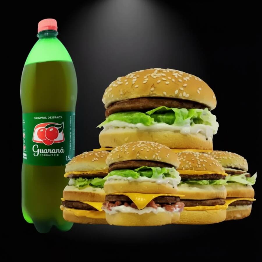 Combo com 5 lanches à sua escolha entre Big, Big Tasty, Big Bacon ou Big Cheddar, preparados com ingredientes saborosos e bem recheados. Acompanha refrigerante de 1,5L como cortesia e sachês de mostarda e ketchup. Perfeito para compartilhar!