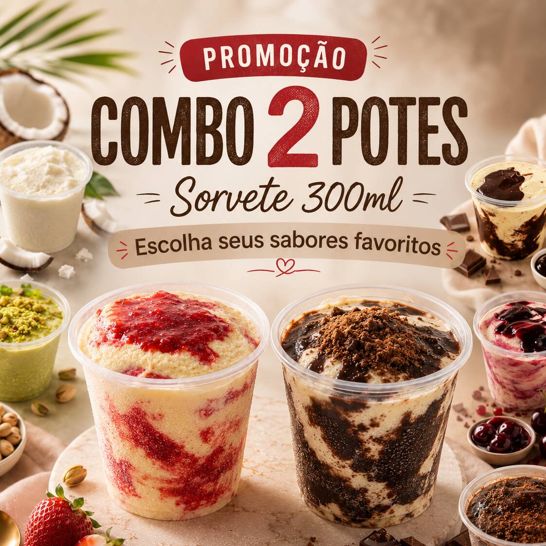 Escolha 2 sabores e aproveite dois potes de sorvete cremoso de 300 ml, perfeitos para dividir ou saborear em dobro. Monte seu combo com seus sabores favoritos e deixe o momento ainda mais gostoso.
Observação: os sabores estão sujeitos à disponibilidade do dia.