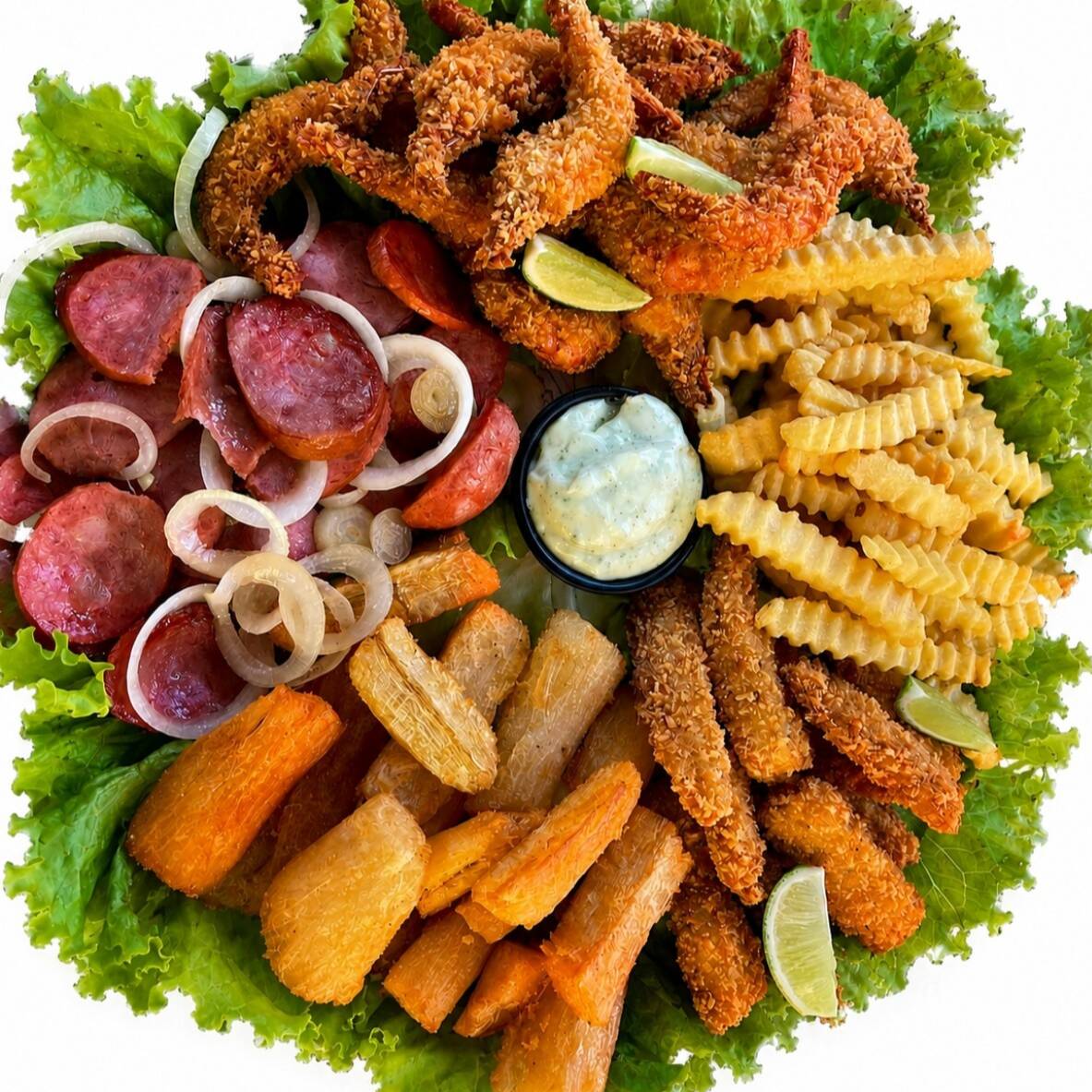 Porção deliciosa incluindo: Calabresa, mandioca isca de peixe, batata frita e bastante camarão.