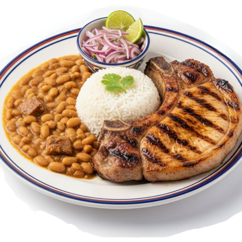 Chuleta a la parrilla con frijoles